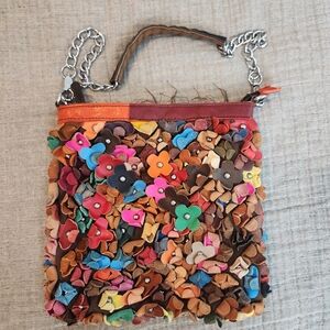 Vintage Leather Shoulder purse with riveted studded flower Hobo Hippie design